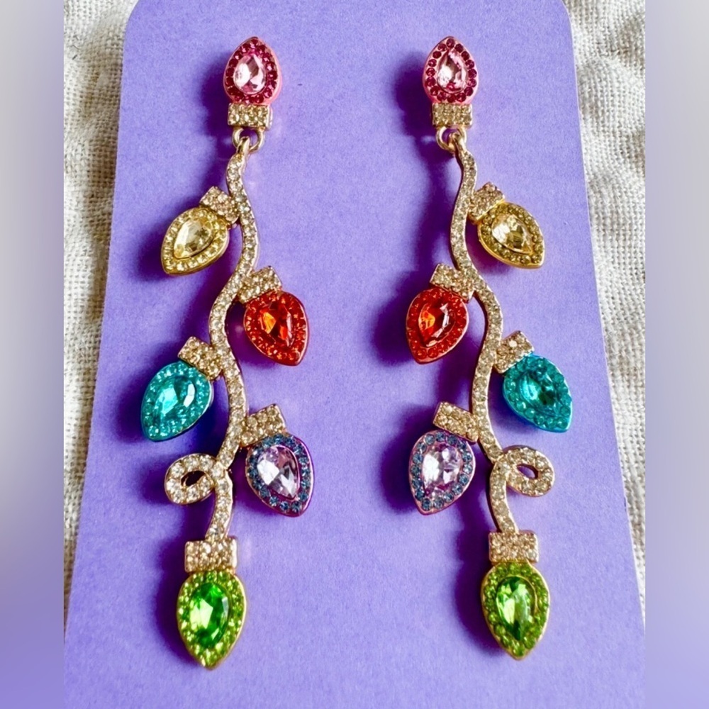 New Pink Purple Multicolor Christmas Lights Rhinestone Crystal Earrings 3”